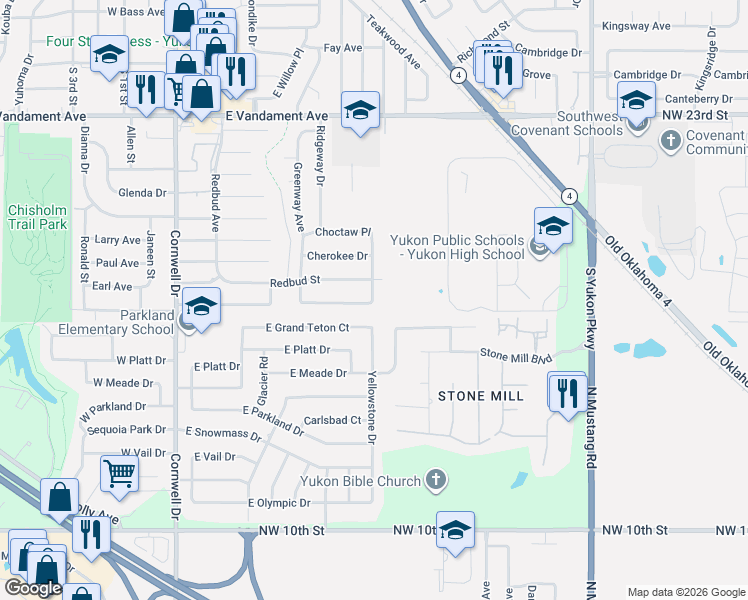 map of restaurants, bars, coffee shops, grocery stores, and more near 388 Pawnee Drive in Yukon