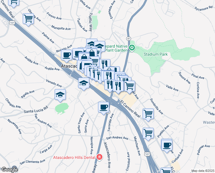 map of restaurants, bars, coffee shops, grocery stores, and more near 6917d El Camino Real in Atascadero