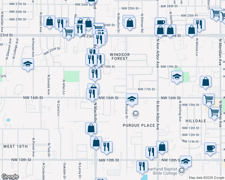 map of restaurants, bars, coffee shops, grocery stores, and more near 1809 Colton Drive in Oklahoma City