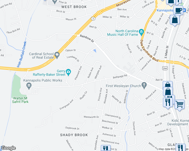 map of restaurants, bars, coffee shops, grocery stores, and more near 718 Margate Avenue in Kannapolis