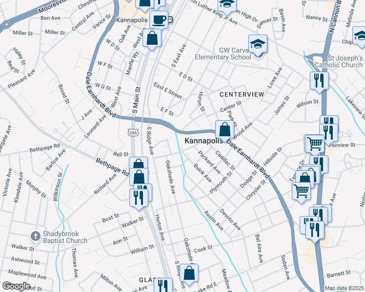 map of restaurants, bars, coffee shops, grocery stores, and more near 613 Buick Avenue in Kannapolis
