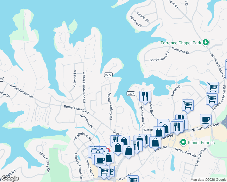 map of restaurants, bars, coffee shops, grocery stores, and more near 20114 Norman Colony Road in Cornelius