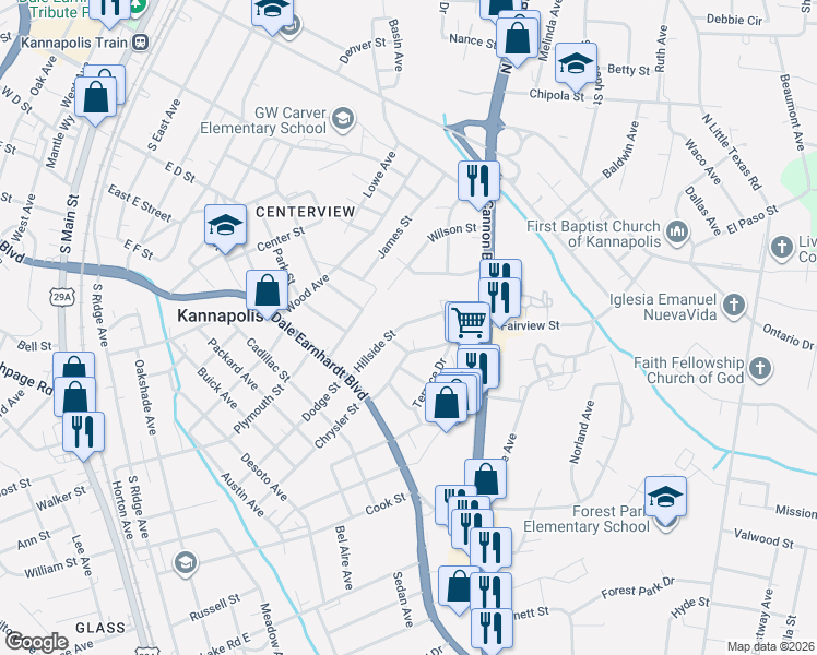 map of restaurants, bars, coffee shops, grocery stores, and more near 706 Hillside Street in Kannapolis