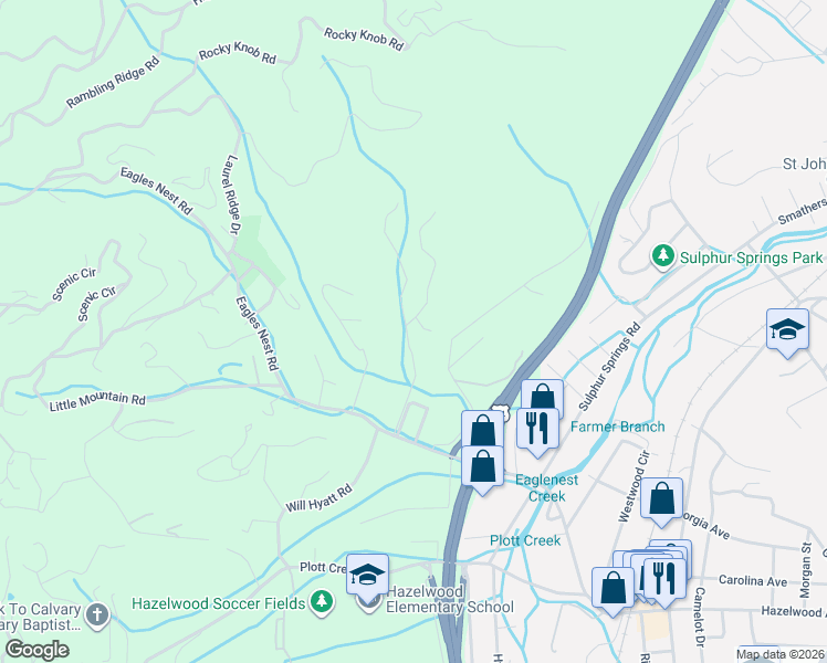 map of restaurants, bars, coffee shops, grocery stores, and more near 236 Reinertson Drive in Waynesville