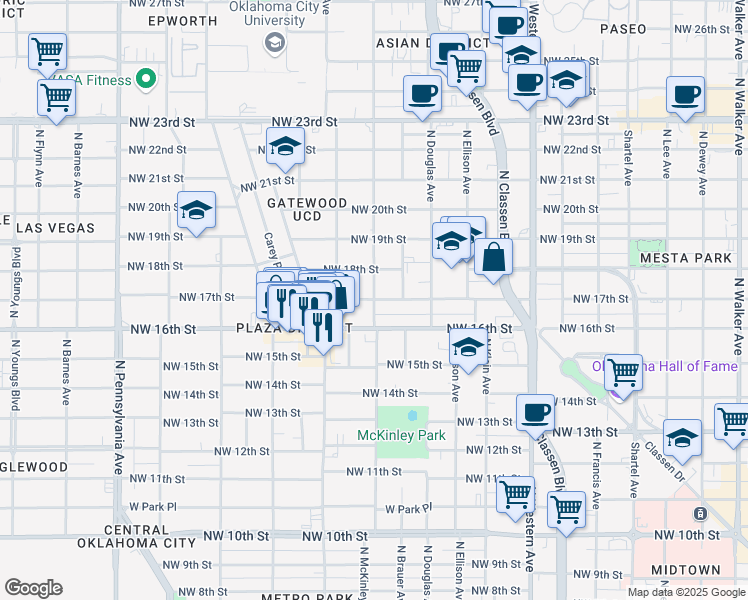 map of restaurants, bars, coffee shops, grocery stores, and more near 1600 Northwest 17th Street in Oklahoma City