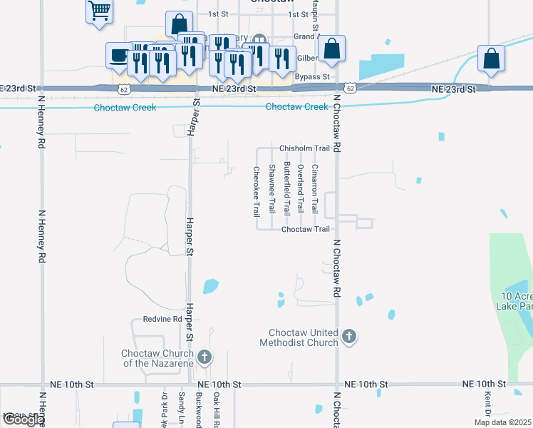 map of restaurants, bars, coffee shops, grocery stores, and more near 1713 Shawnee Trail in Choctaw