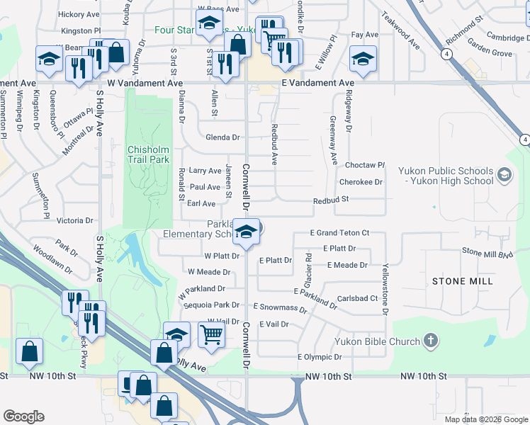 map of restaurants, bars, coffee shops, grocery stores, and more near 109 Chickasaw Lane in Yukon