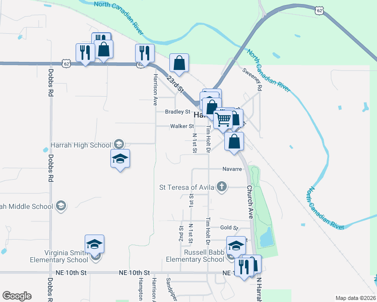 map of restaurants, bars, coffee shops, grocery stores, and more near 1851 North 1st Street in Harrah