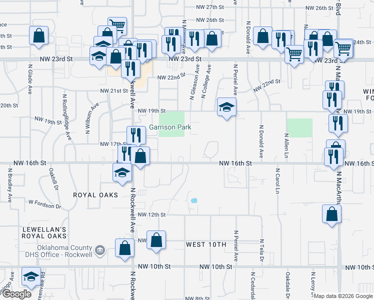 map of restaurants, bars, coffee shops, grocery stores, and more near 1721 North Gleason Avenue in Bethany