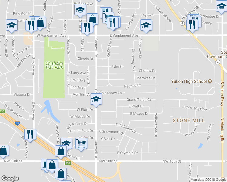 map of restaurants, bars, coffee shops, grocery stores, and more near 121 Chickasaw Lane in Yukon