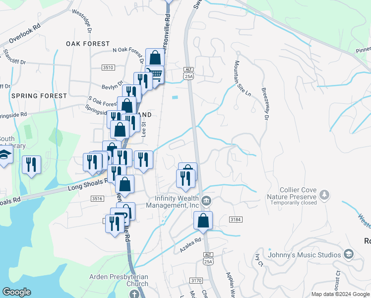 map of restaurants, bars, coffee shops, grocery stores, and more near 409 Carlyle Way in Asheville