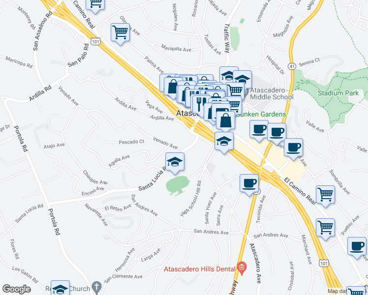 map of restaurants, bars, coffee shops, grocery stores, and more near 5905 Venado Avenue in Atascadero