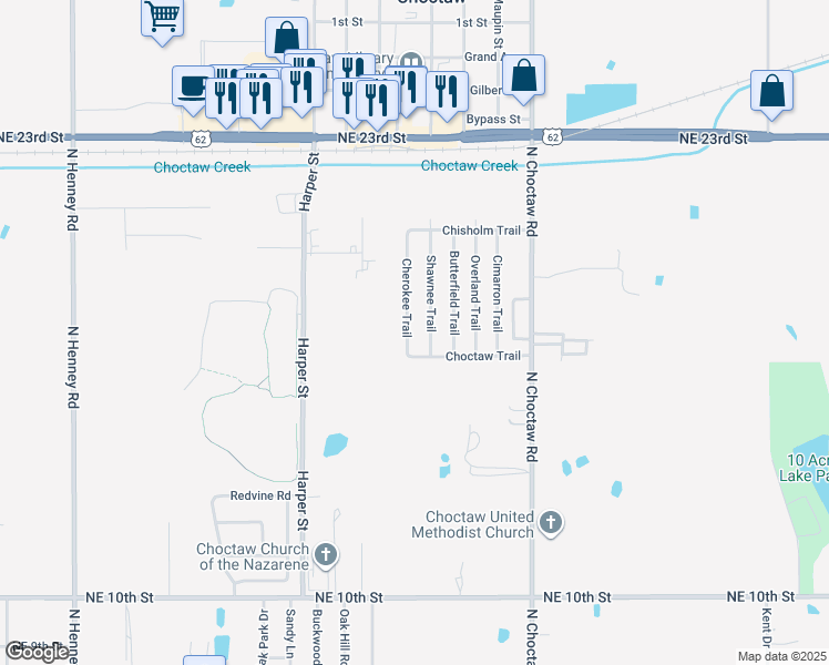 map of restaurants, bars, coffee shops, grocery stores, and more near 1713 Shawnee Trail in Choctaw