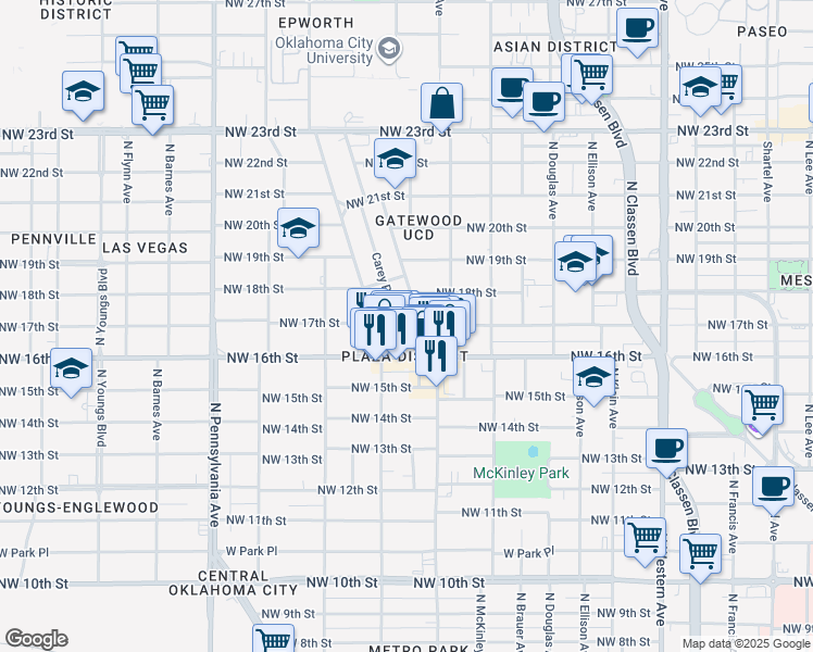 map of restaurants, bars, coffee shops, grocery stores, and more near 1744 Northwest 17th Street in Oklahoma City
