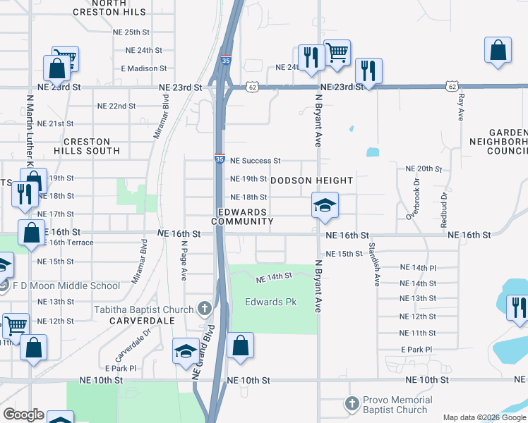map of restaurants, bars, coffee shops, grocery stores, and more near 2725 Northeast 17th Street in Oklahoma City