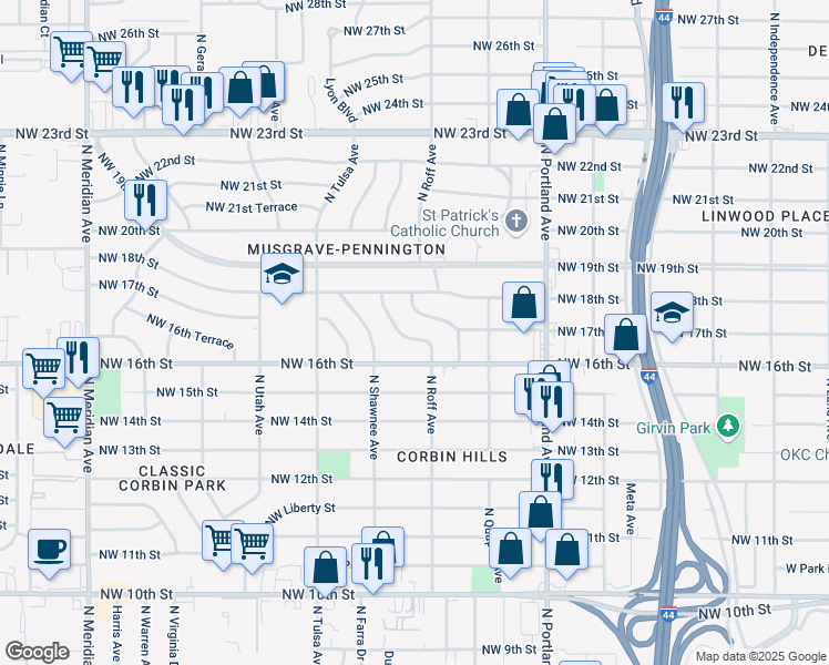 map of restaurants, bars, coffee shops, grocery stores, and more near 1732 North Roff Avenue in Oklahoma City