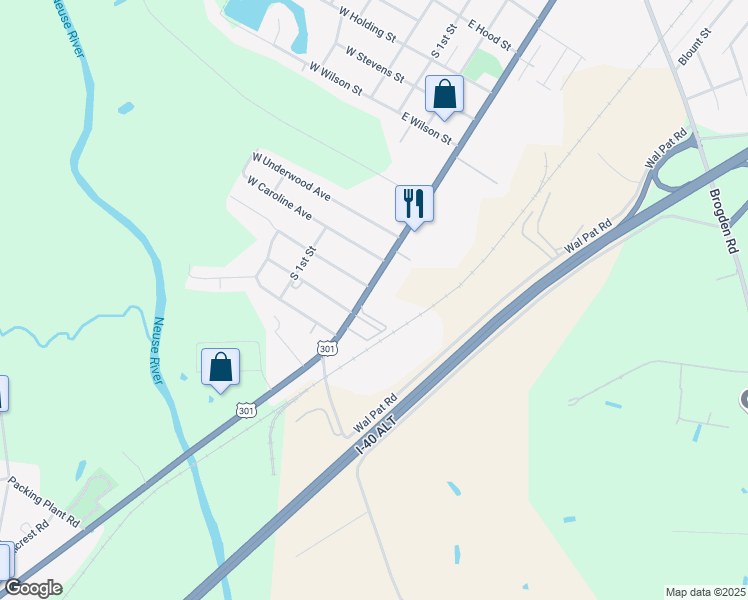 map of restaurants, bars, coffee shops, grocery stores, and more near 1905 South Brightleaf Boulevard in Smithfield