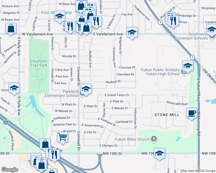 map of restaurants, bars, coffee shops, grocery stores, and more near 135 Chickasaw Lane in Yukon