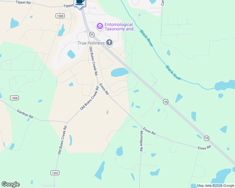 map of restaurants, bars, coffee shops, grocery stores, and more near 876 Ennis Road in Angier