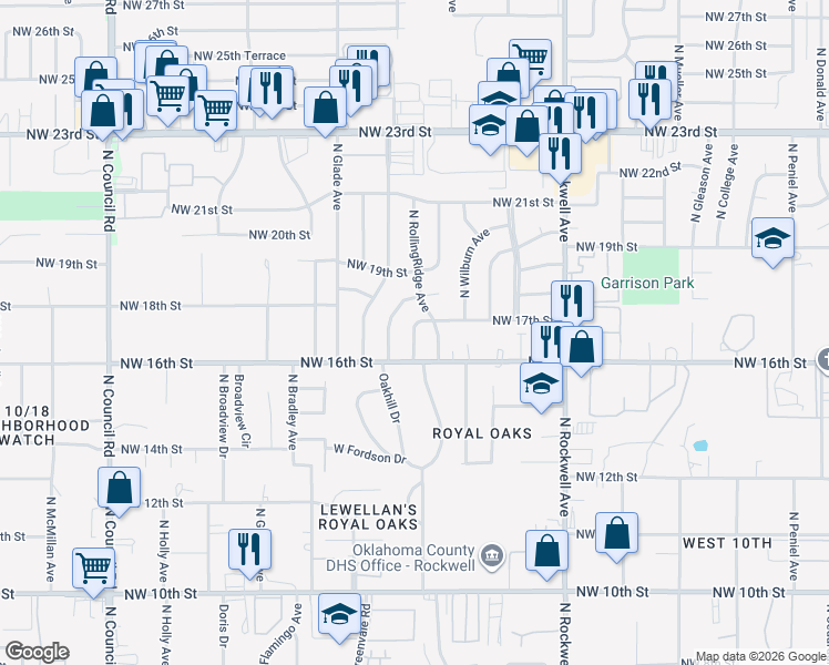 map of restaurants, bars, coffee shops, grocery stores, and more near 1716 North Fordson Avenue in Oklahoma City