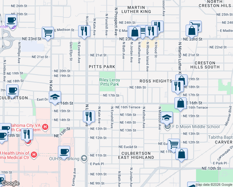 map of restaurants, bars, coffee shops, grocery stores, and more near 1515 Northeast 17th Street in Oklahoma City