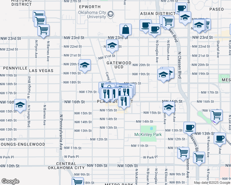 map of restaurants, bars, coffee shops, grocery stores, and more near 1744 Northwest 17th Street in Oklahoma City
