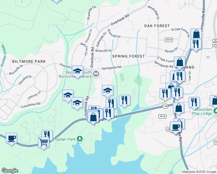 map of restaurants, bars, coffee shops, grocery stores, and more near 250 Overlook Road in Asheville