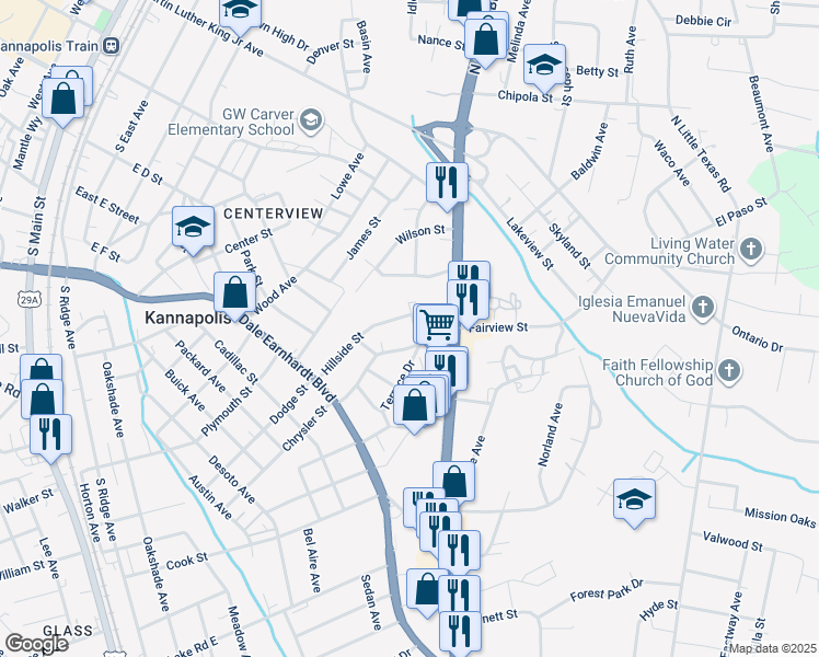map of restaurants, bars, coffee shops, grocery stores, and more near 304 Dot Avenue in Kannapolis