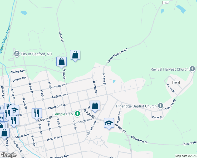 map of restaurants, bars, coffee shops, grocery stores, and more near North 10th Street in Sanford