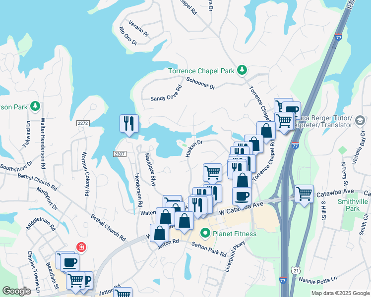 map of restaurants, bars, coffee shops, grocery stores, and more near 21315 Harken Drive in Cornelius