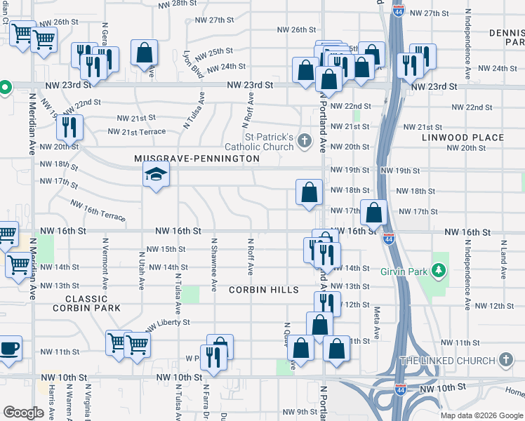 map of restaurants, bars, coffee shops, grocery stores, and more near 1721 Manor Drive in Oklahoma City