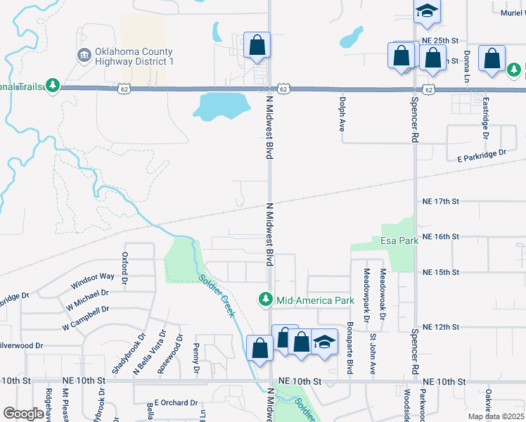 map of restaurants, bars, coffee shops, grocery stores, and more near 1721 North Midwest Boulevard in Oklahoma City