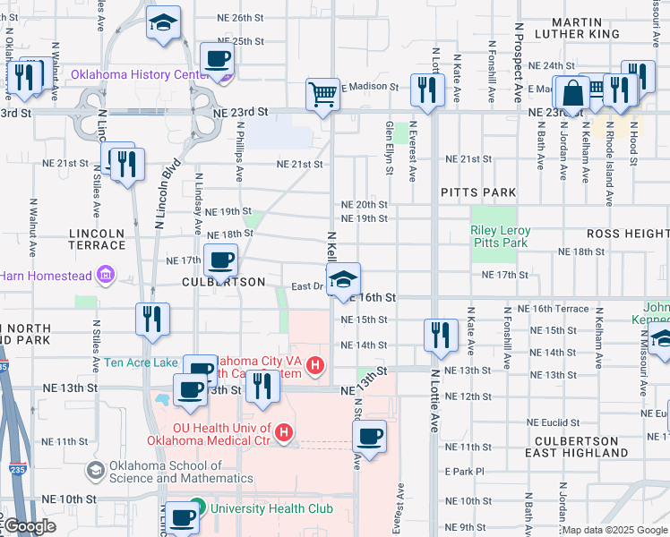 map of restaurants, bars, coffee shops, grocery stores, and more near 1001 Northeast 17th Street in Oklahoma City