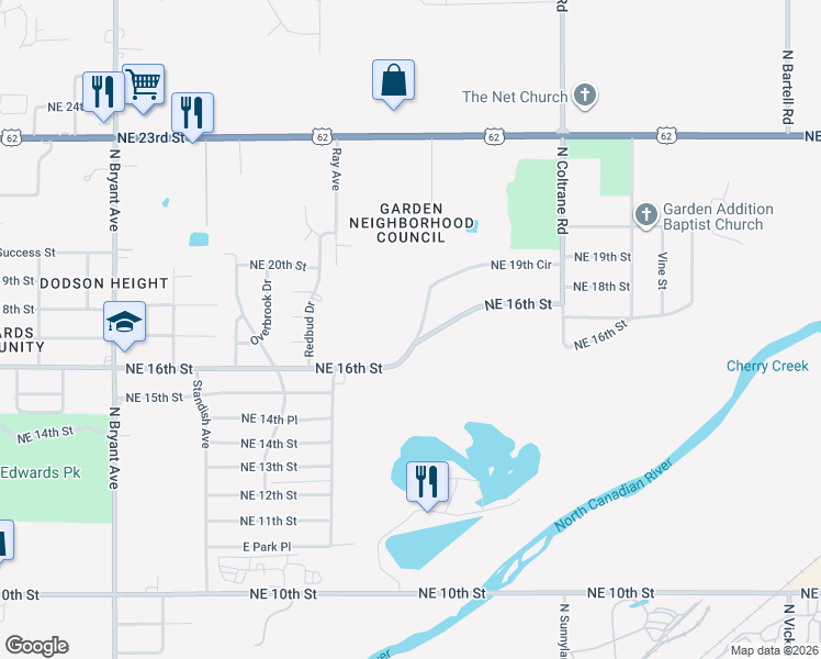map of restaurants, bars, coffee shops, grocery stores, and more near 4009 Northeast 19th Circle in Oklahoma City