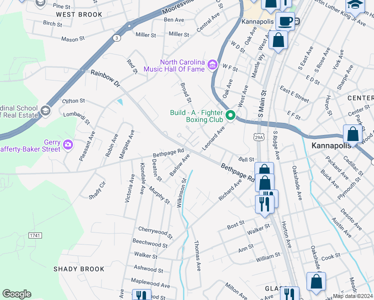 map of restaurants, bars, coffee shops, grocery stores, and more near 608 Bethpage Road in Kannapolis