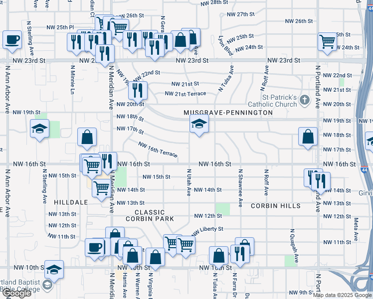 map of restaurants, bars, coffee shops, grocery stores, and more near 1727 North Utah Avenue in Oklahoma City