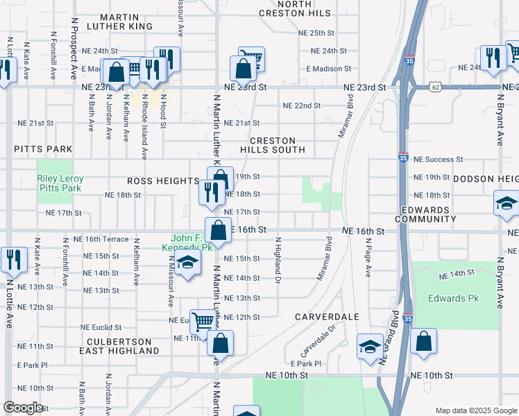 map of restaurants, bars, coffee shops, grocery stores, and more near 2045 Northeast 17th Street in Oklahoma City