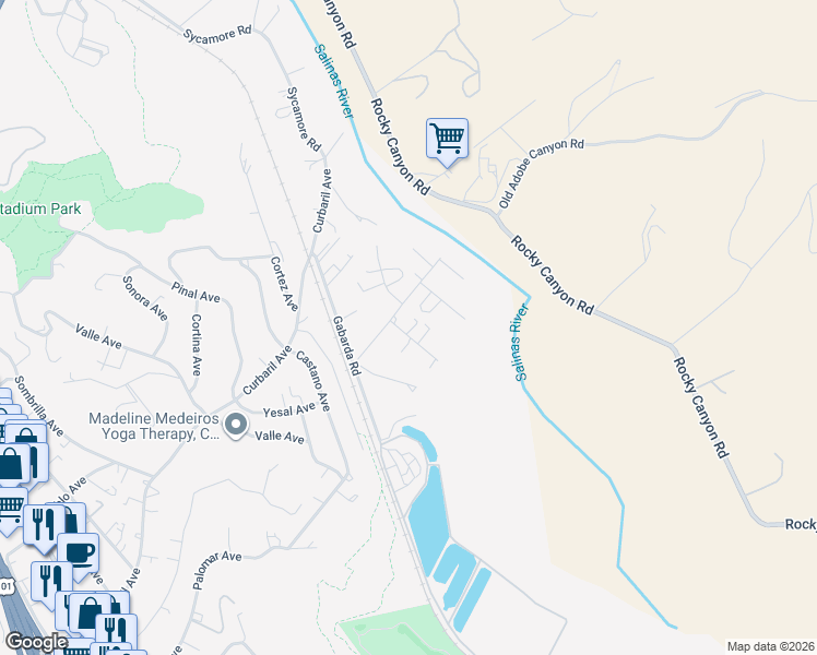 map of restaurants, bars, coffee shops, grocery stores, and more near 7735 Aurora Road in Atascadero