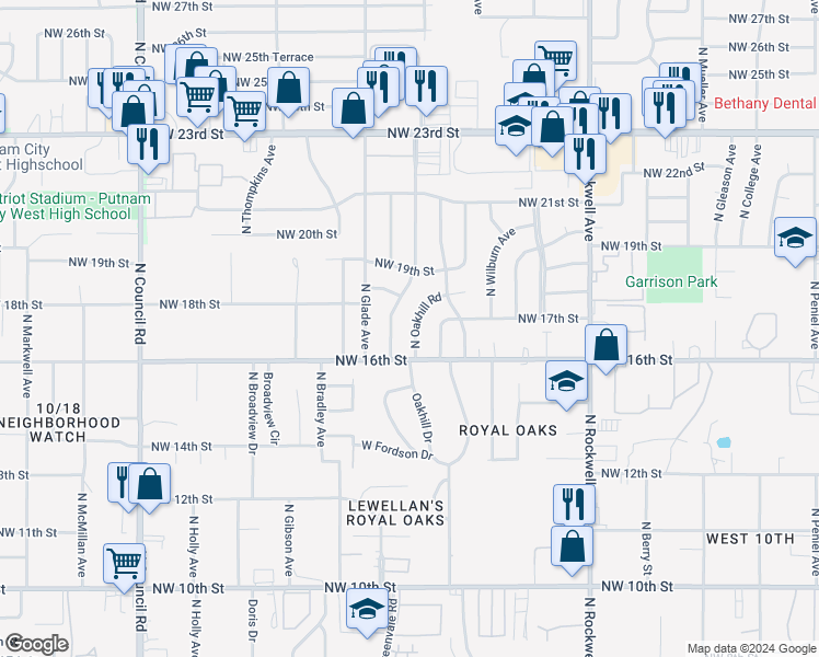 map of restaurants, bars, coffee shops, grocery stores, and more near 1721 North Oakhill Road in Bethany