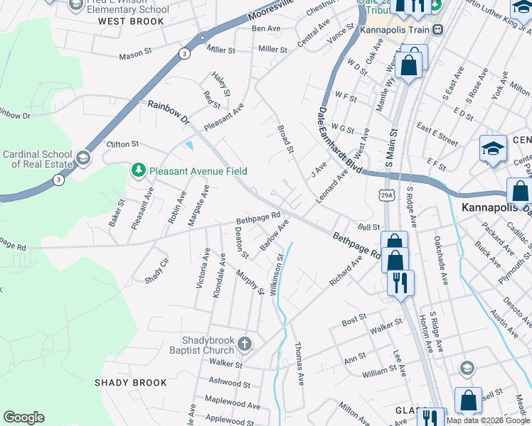 map of restaurants, bars, coffee shops, grocery stores, and more near 610 Bethpage Road in Kannapolis