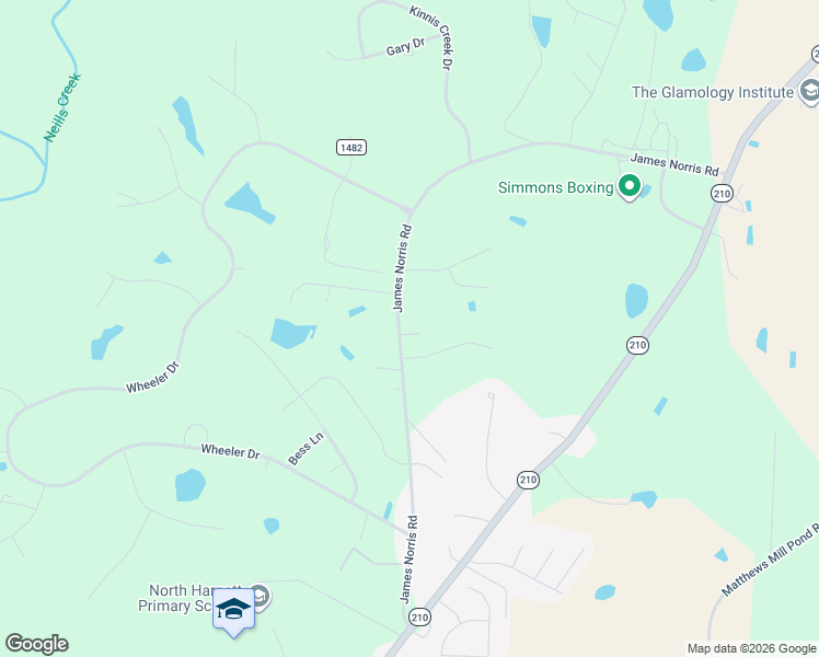 map of restaurants, bars, coffee shops, grocery stores, and more near 673 James Norris Road in Angier