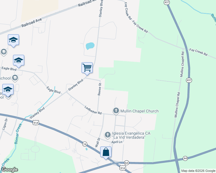 map of restaurants, bars, coffee shops, grocery stores, and more near 124 Reese Street in Shelbyville