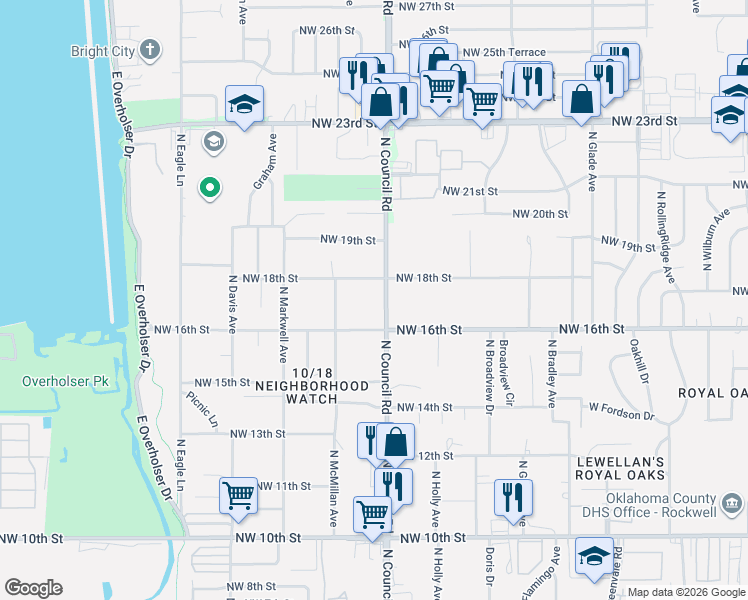 map of restaurants, bars, coffee shops, grocery stores, and more near 1717 North Council Road in Oklahoma City