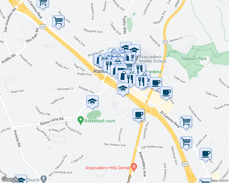map of restaurants, bars, coffee shops, grocery stores, and more near 6480 Ardilla Avenue in Atascadero
