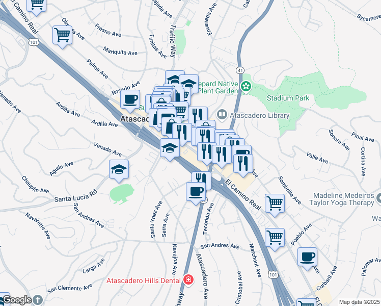 map of restaurants, bars, coffee shops, grocery stores, and more near 6917d El Camino Real in Atascadero
