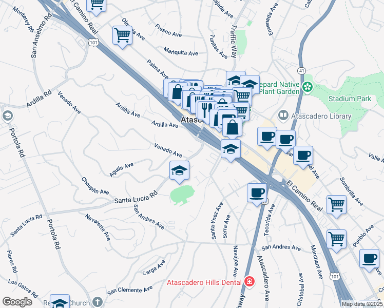 map of restaurants, bars, coffee shops, grocery stores, and more near 6600 Santa Lucia Road in Atascadero