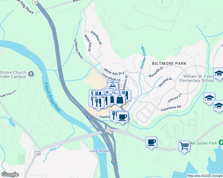 map of restaurants, bars, coffee shops, grocery stores, and more near 15 Farleigh Street in Asheville
