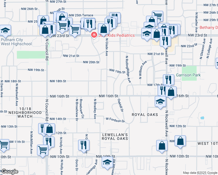 map of restaurants, bars, coffee shops, grocery stores, and more near 1713 North Glade Avenue in Bethany