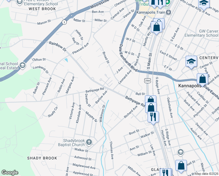 map of restaurants, bars, coffee shops, grocery stores, and more near 501 Rainbow Drive in Kannapolis