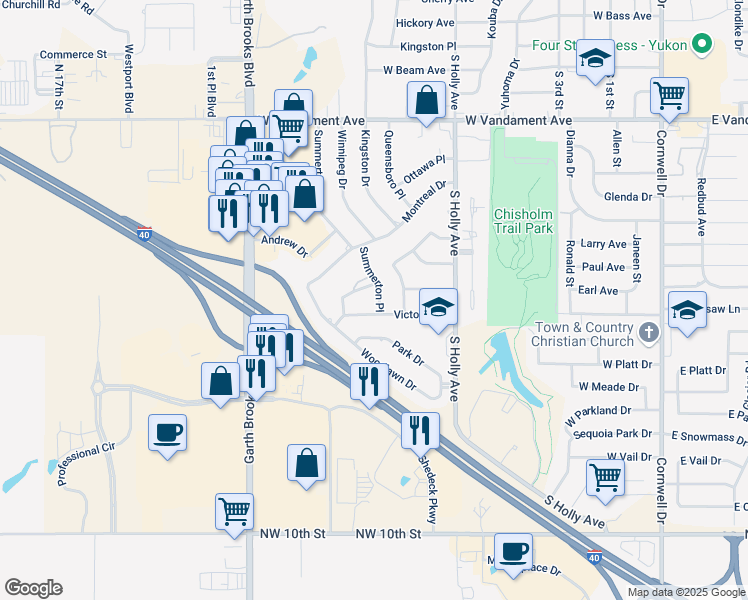 map of restaurants, bars, coffee shops, grocery stores, and more near 1505 Summerton Place in Yukon